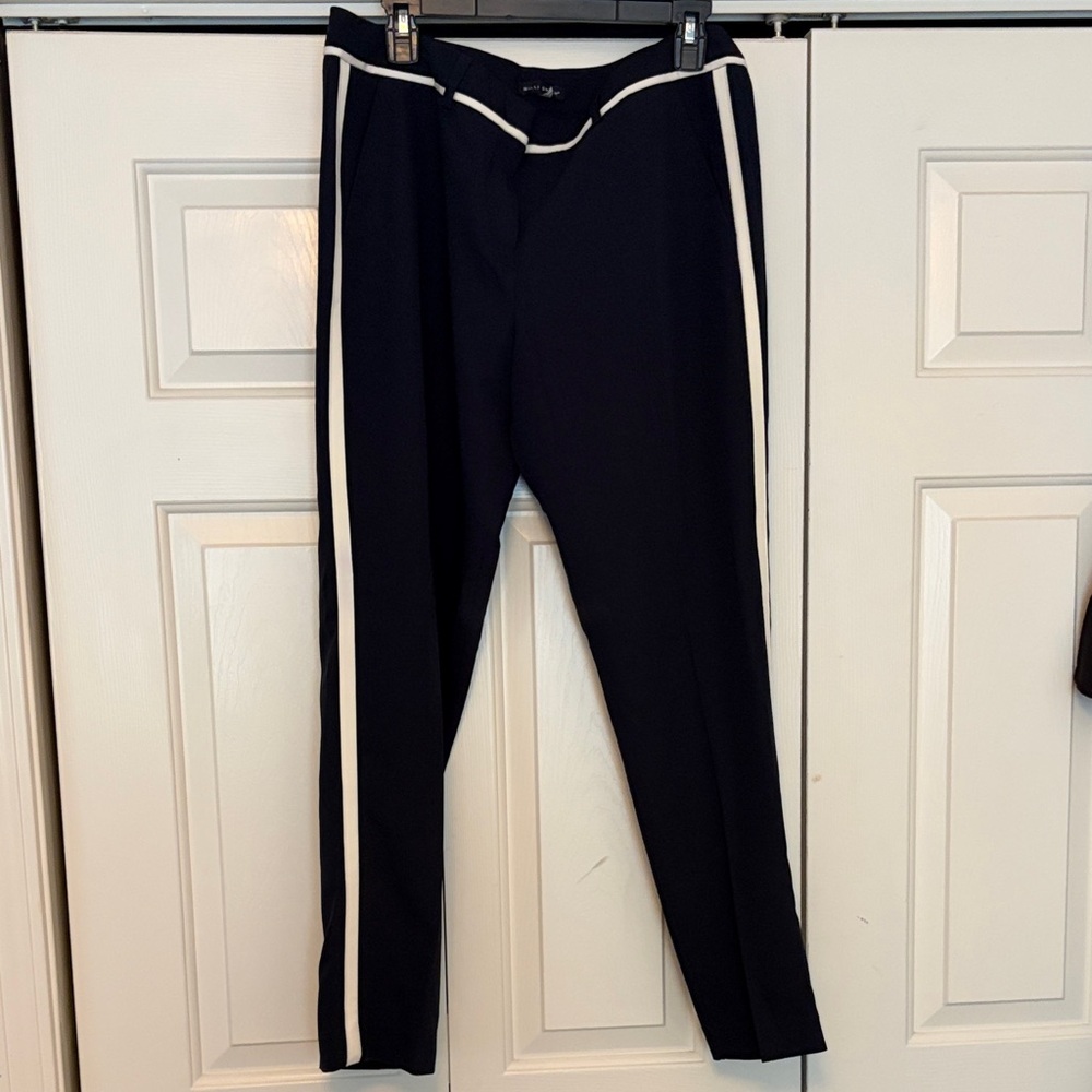 Navy Tapered Trousers with Cream Side Stripe